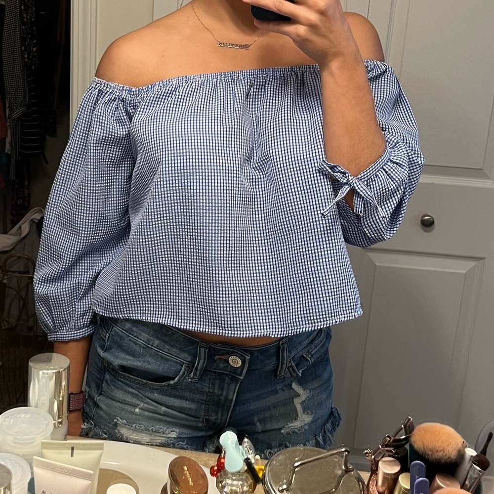 Elodie M off the shoulder blue and white checkered mid length blouse
